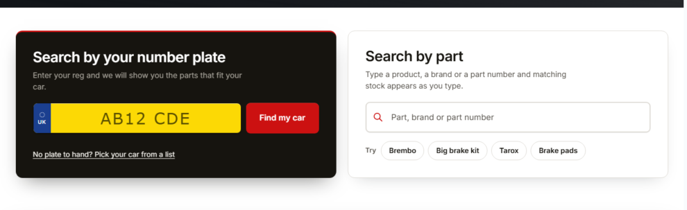 The homepage band with the number plate box beside the product search