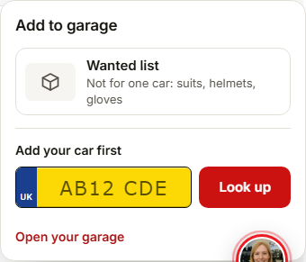 The Add to garage picker listing cars and the wanted list