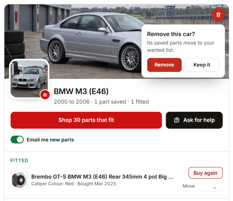 The Remove this car confirmation on a car card