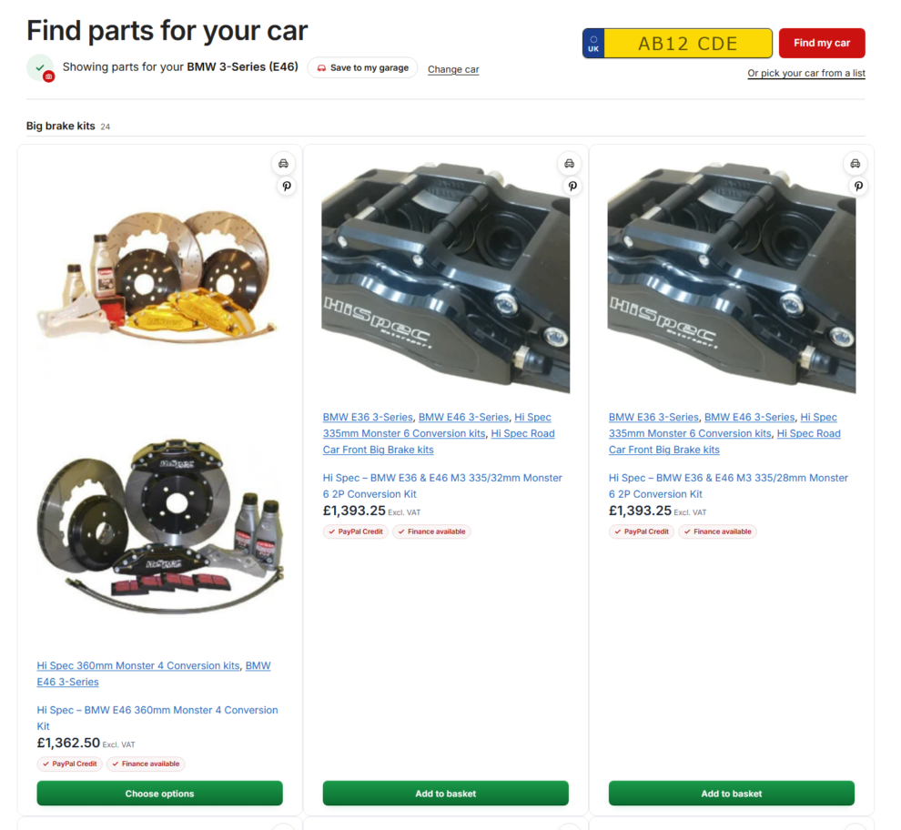 The Find parts for your car results page for a BMW 3 Series E46