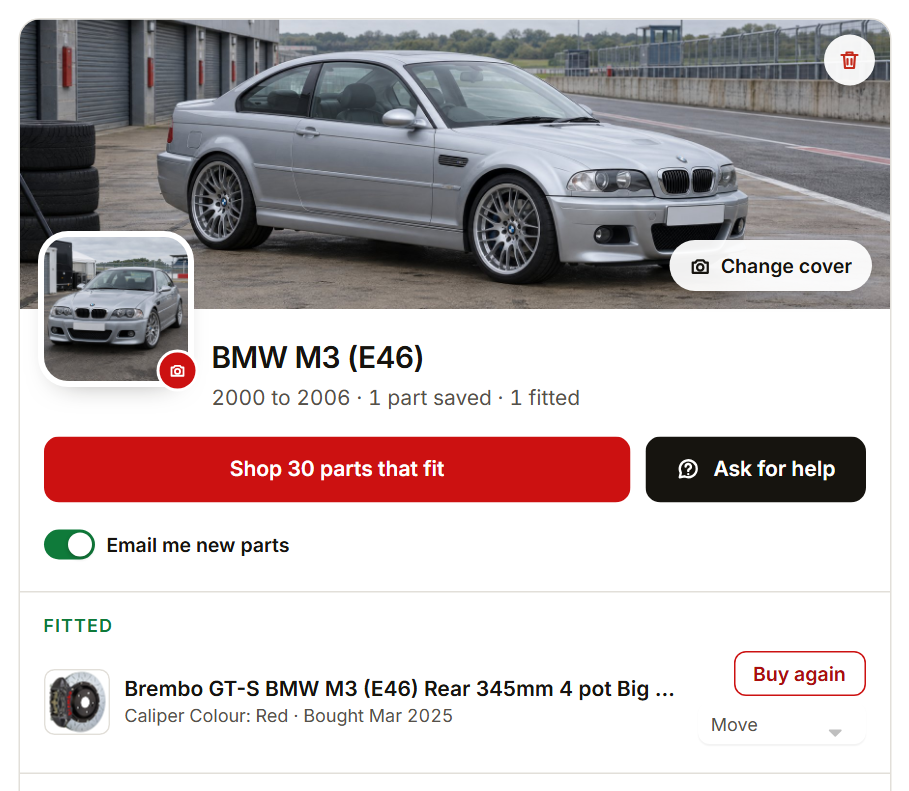 A car card with a Fitted part and Buy again