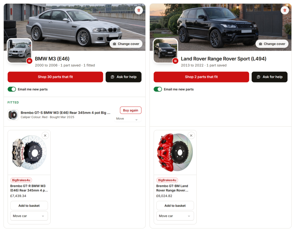 Two car cards in a garage, a BMW M3 E46 and a Range Rover Sport, each with a cover photo and a profile photo